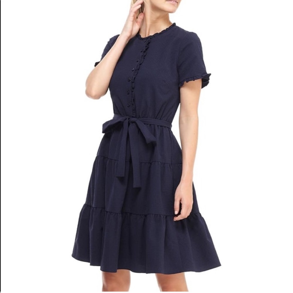 Gal Meets Glam Navy Tiered Midi Dress with Belt - Picture 4 of 11